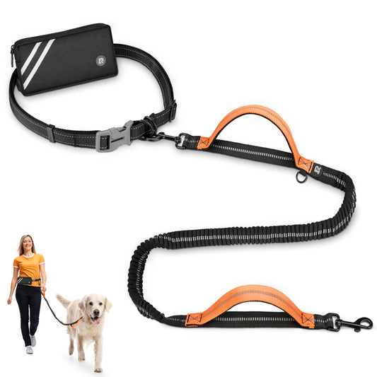 laisse mains libres réfléchissante elastique double poignee avec sac orange