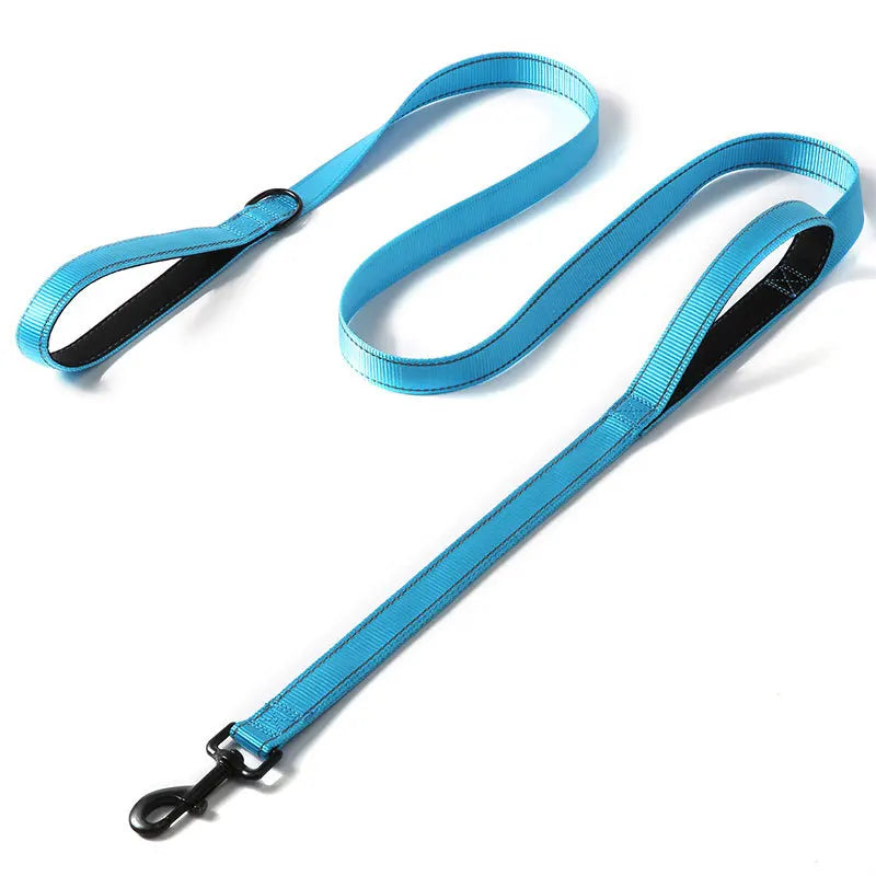 laisse nylon double poignee dressage bleu