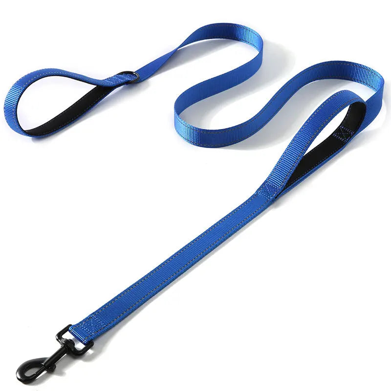 laisse nylon double poignee dressage bleu et noir