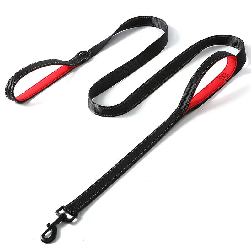 laisse nylon double poignee dressage noir et rouge