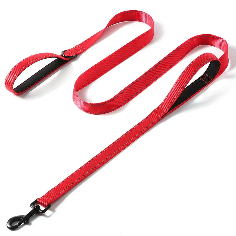 laisse nylon double poignee dressage rouge