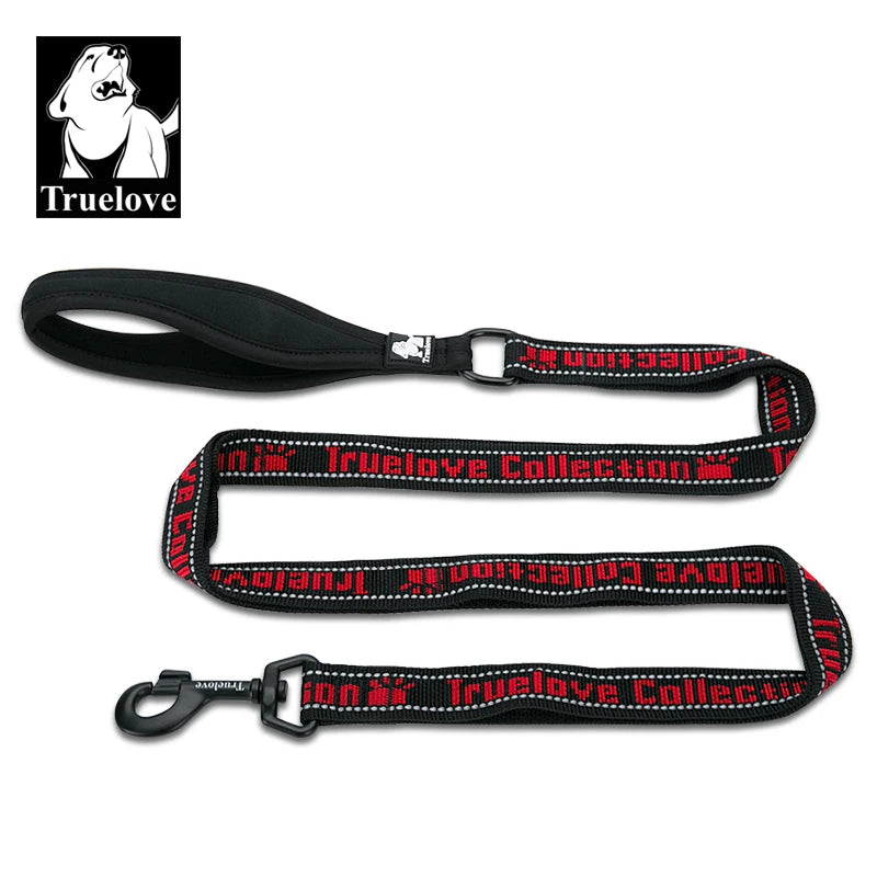 laisse nylon double poignee reflechissante noir et rouge