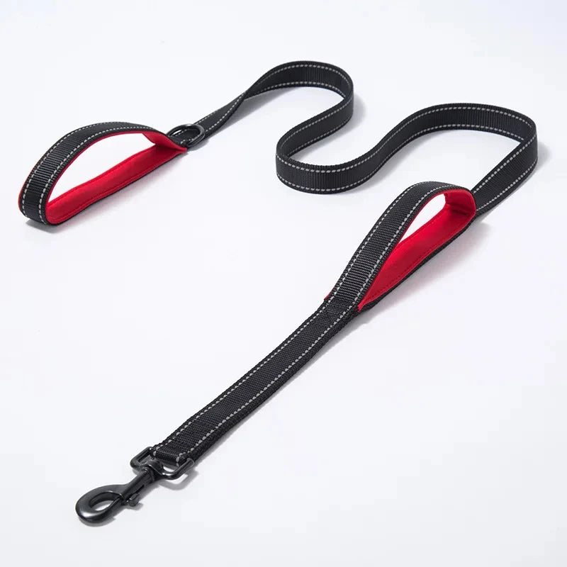 laisse nylon dressage double poignee noir et rouge