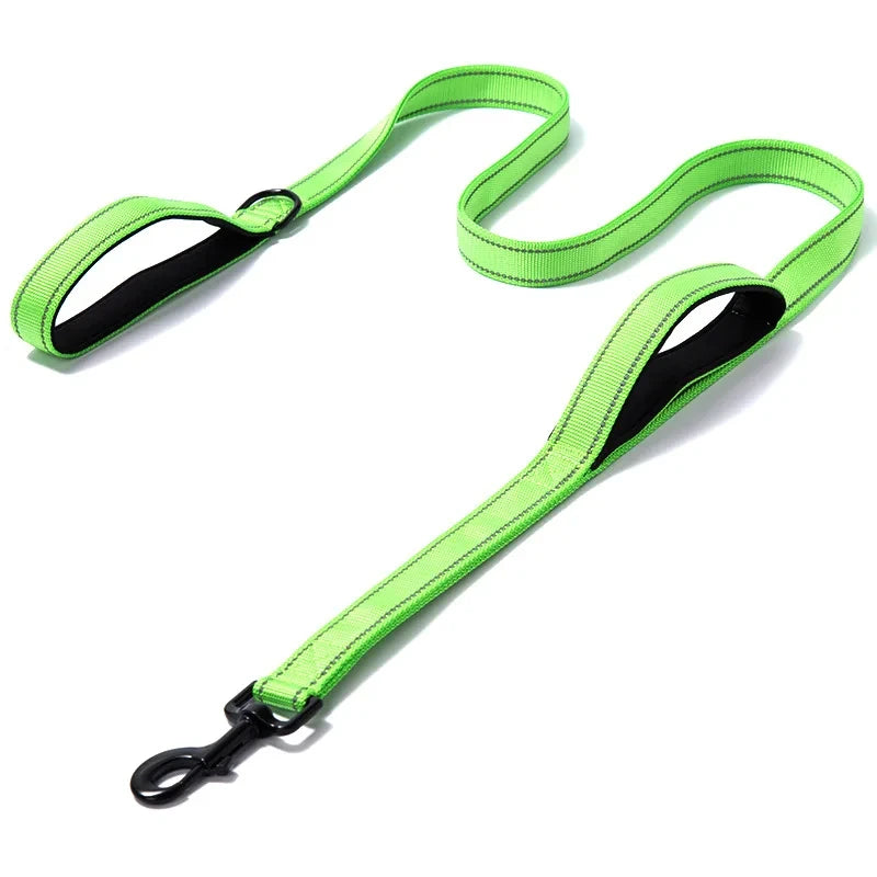 laisse nylon dressage double poignee vert