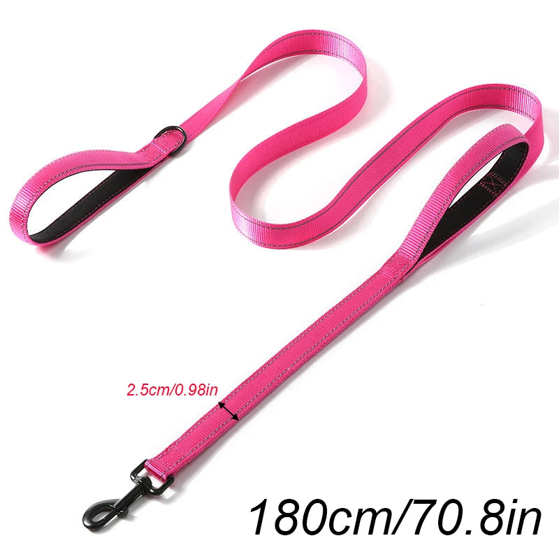 laisse nylon entrainement double poignee rose et noir