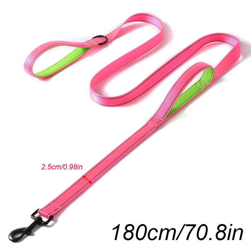 laisse nylon entrainement double poignee rose et vert
