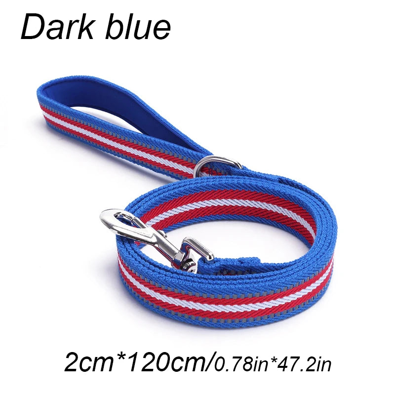laisse nylon reflechissante a motif bandes bleu