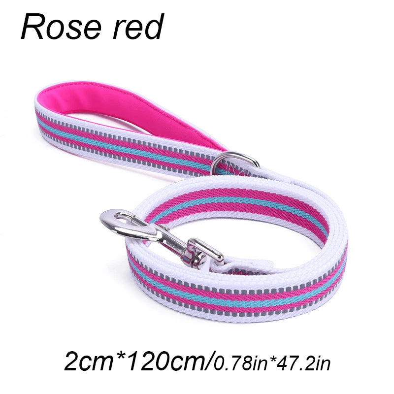 laisse nylon reflechissante a motif bandes rose