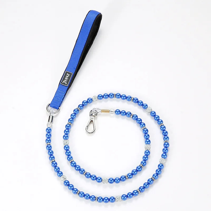 laisse perle file acier poignee nylon bleu
