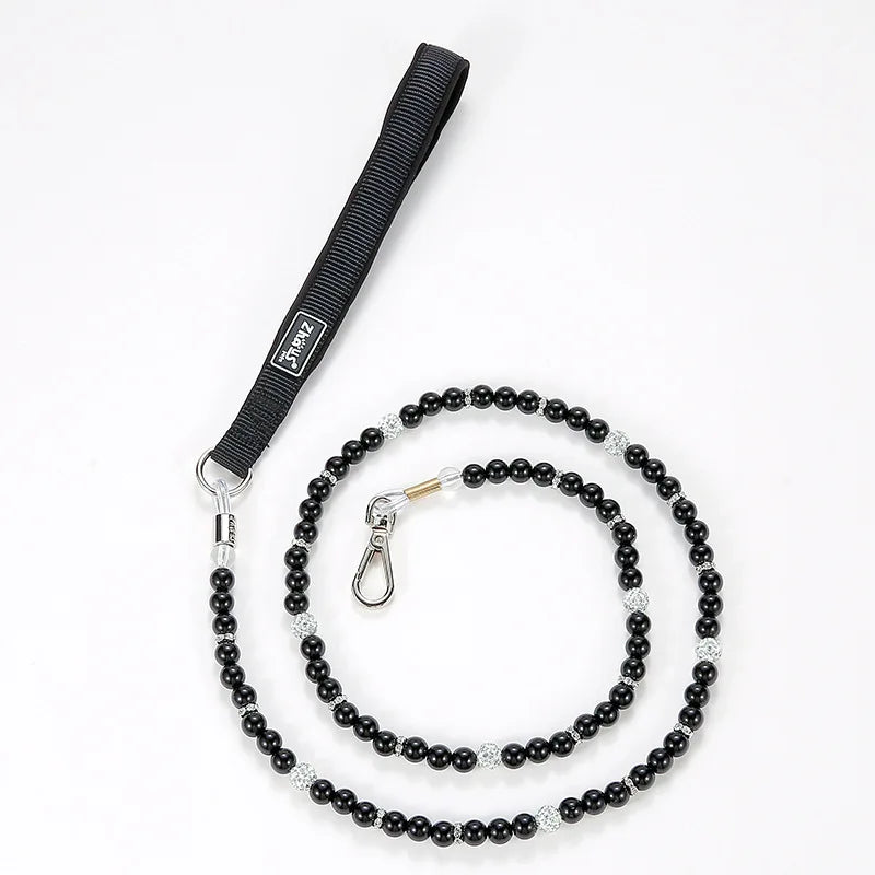 laisse perle file acier poignee nylon noir