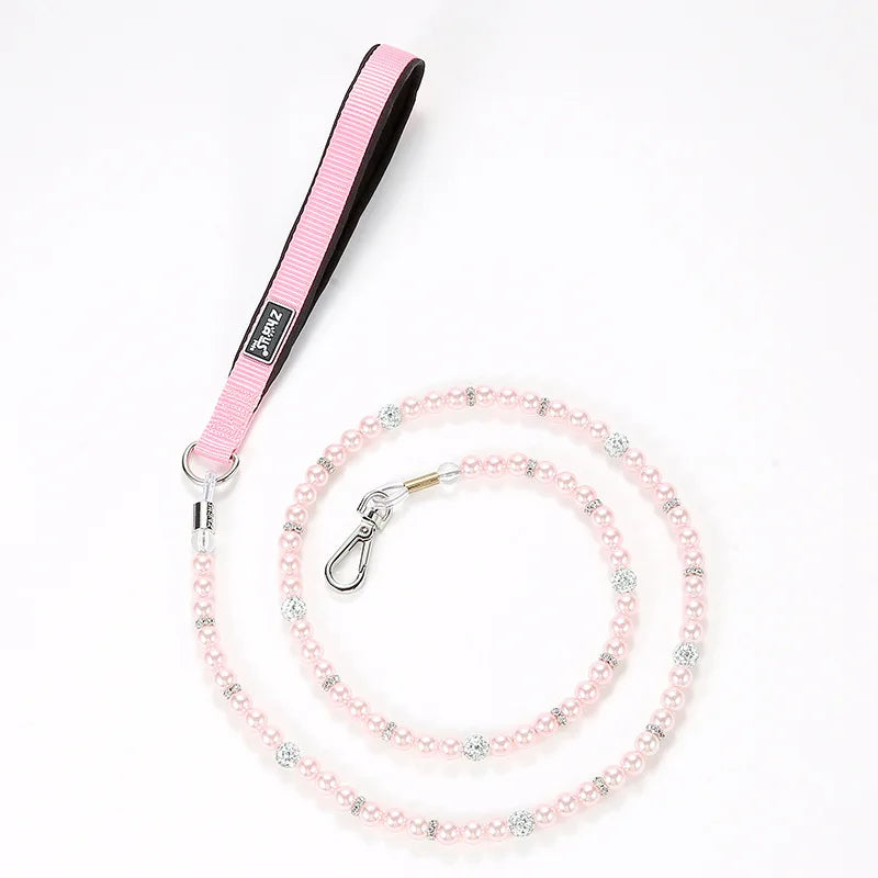 laisse perle file acier poignee nylon rose