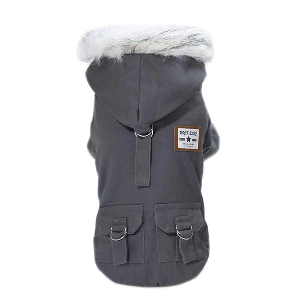 manteau chaud a capuche pour chien bleu gris