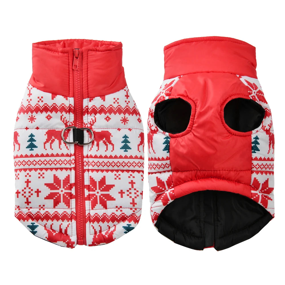 manteau hivers pour chien étoiles et cerfs rouge