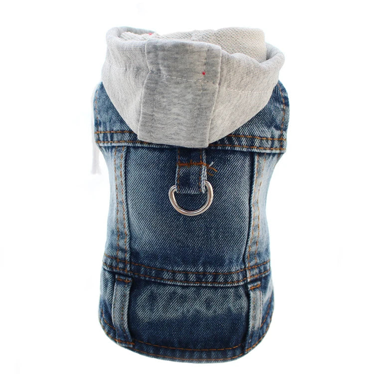 veste en jeans a capuche pour chien gris et bleu