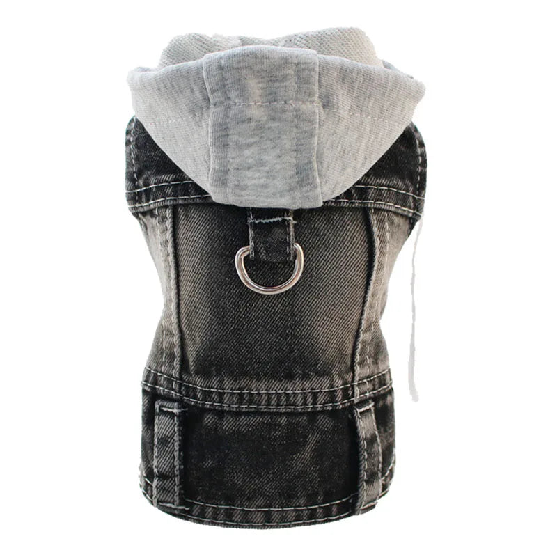 veste en jeans a capuche pour chien gris et noir